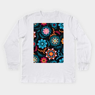 Suzani Inspired Pattern on Black Kids Long Sleeve T-Shirt